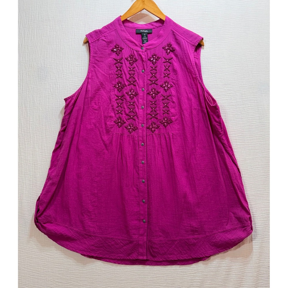 Style & Co Embroidered Sleeveless Top Women 3X Purple Magenta Cotton Gauze Boho